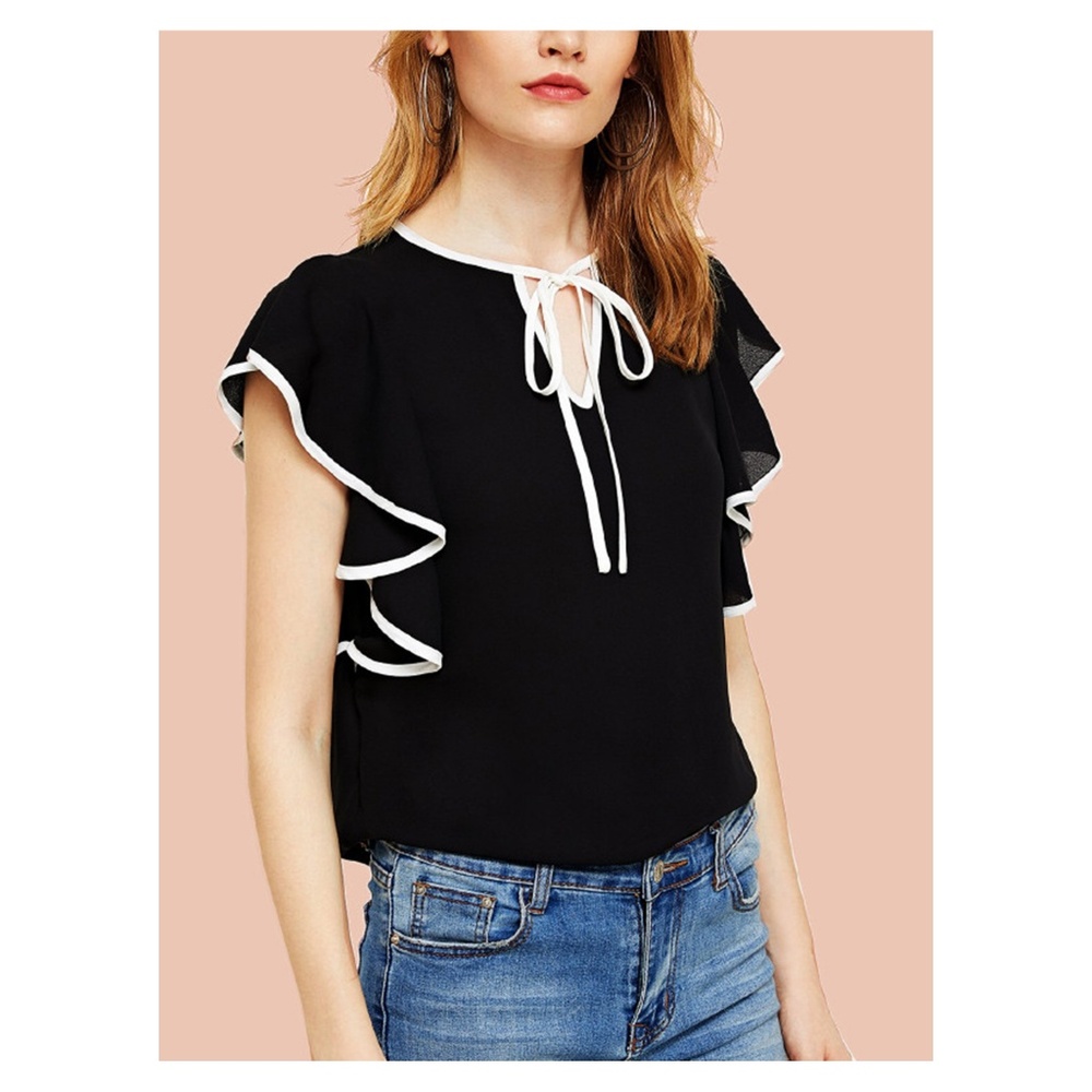 Black White Ruffle Trim Tie Neck Blouse - Picture 4 of 4